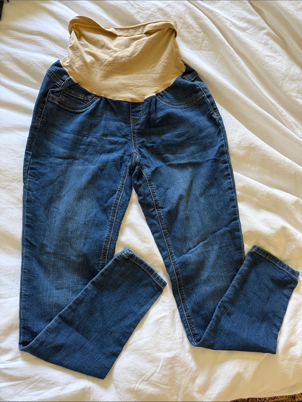 Indigo Blue Dark Blue Denim Maternity Jeggings with Beige Waist Panel